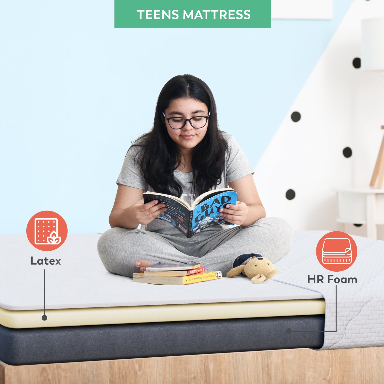 Boingg! Teen Size Natural Latex &amp; HR Foam Mattress - Anti-Bacteria, Aloe Vera Treated &amp; Hypoallergenic