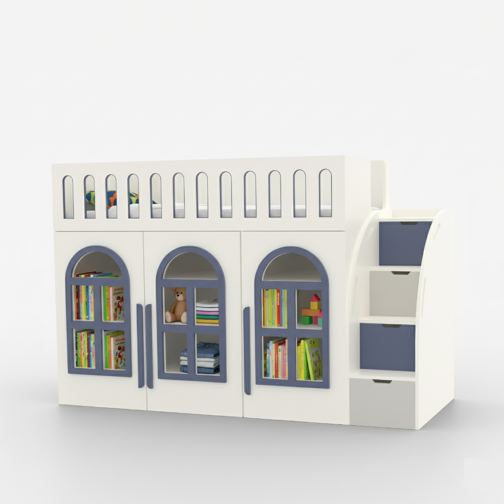 Little Library Loft Bed with Staircase Storage